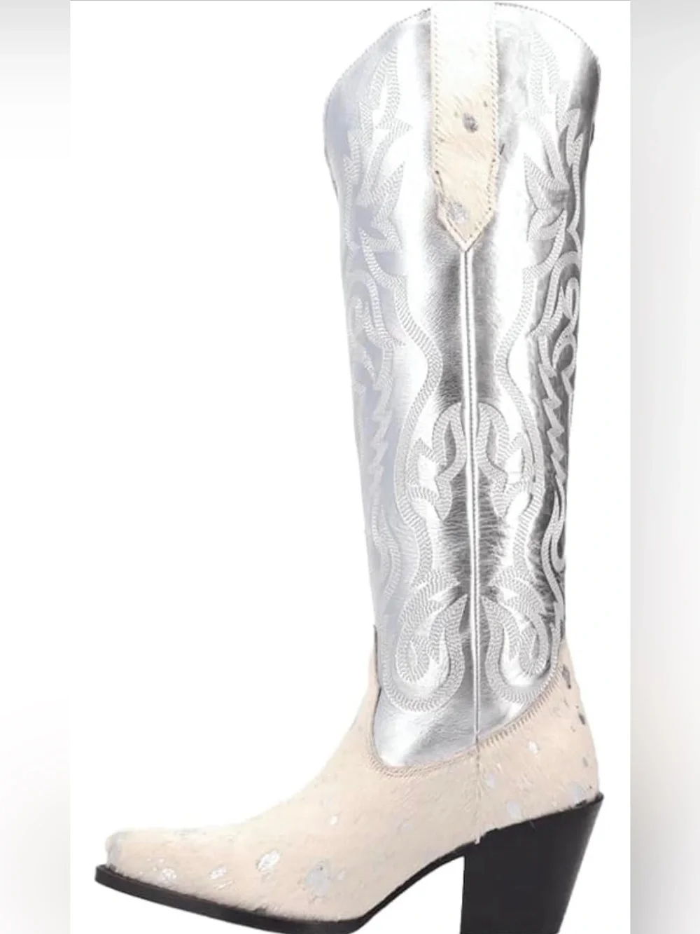 Dingo Metallic Silver” Take No Bull” Over the Knee Snip Toe Leather/Harion Boot